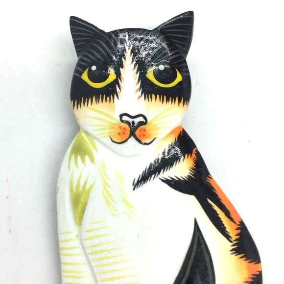 VINTAGE HAND PAINTED WOOD CAT BROOCH PIN LARGE FOLK ART ARTISAN BOHO WHIMSICAL - Picture 6 of 10